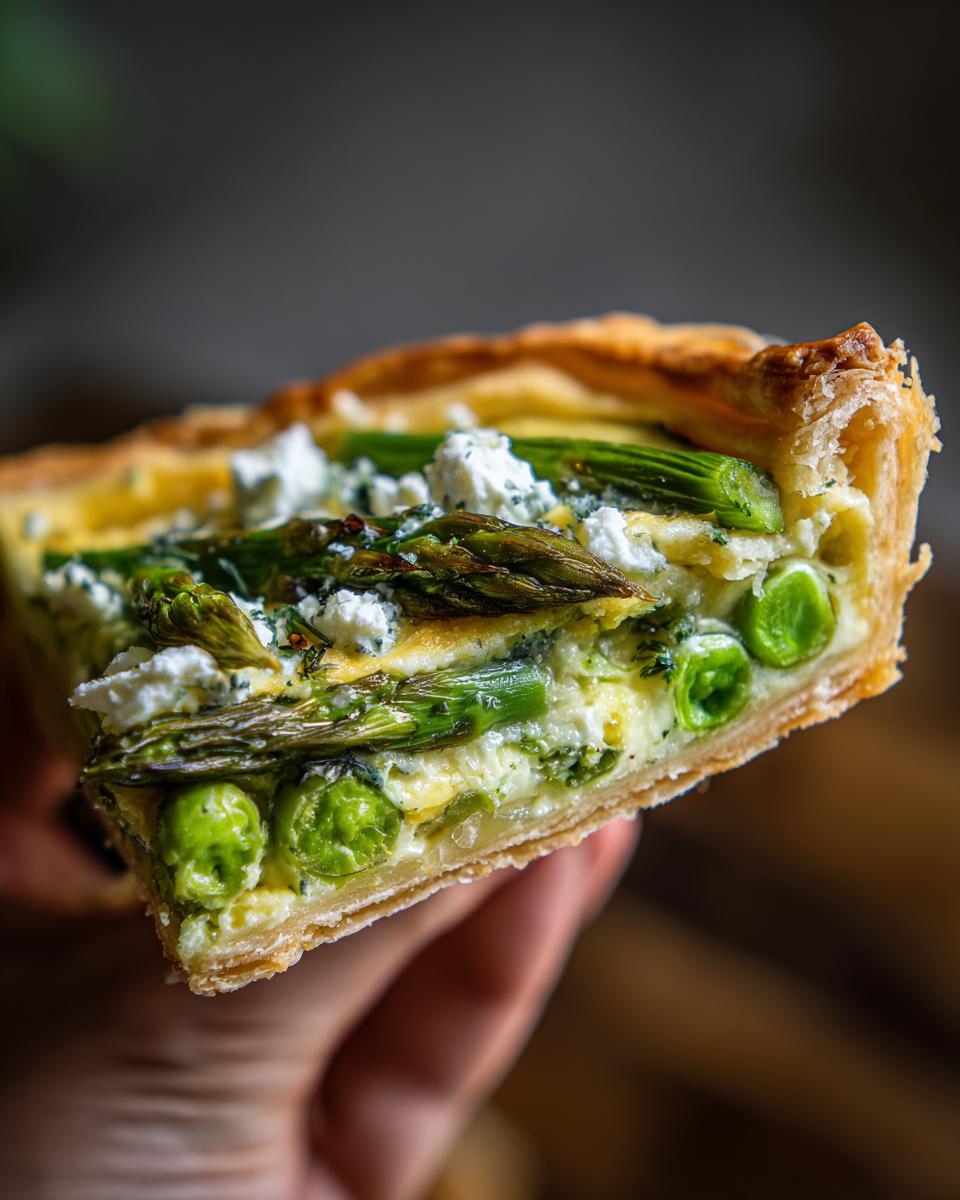 Close-up of a slice of asparagus tart, a delicious addition to Spring Baking Recipes.