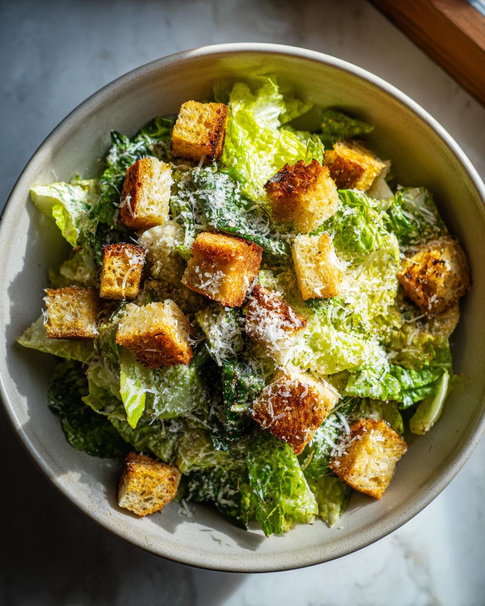 Overhead shot of a bowl of Spring Greens Caesar with Homemade Croutons, cheese, and dressing.