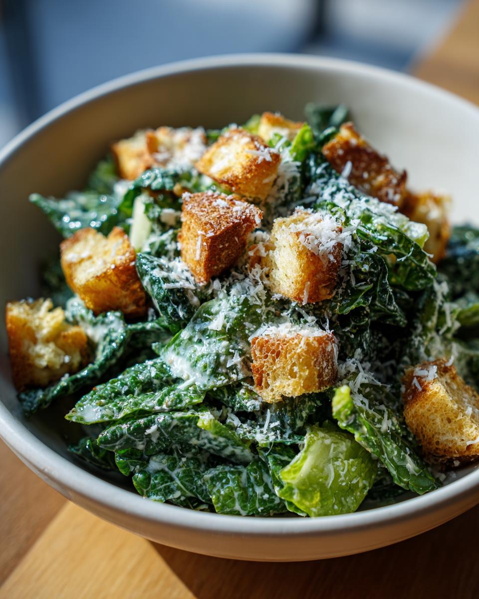 Close-up of a Spring Greens Caesar with homemade croutons and shaved parmesan cheese.