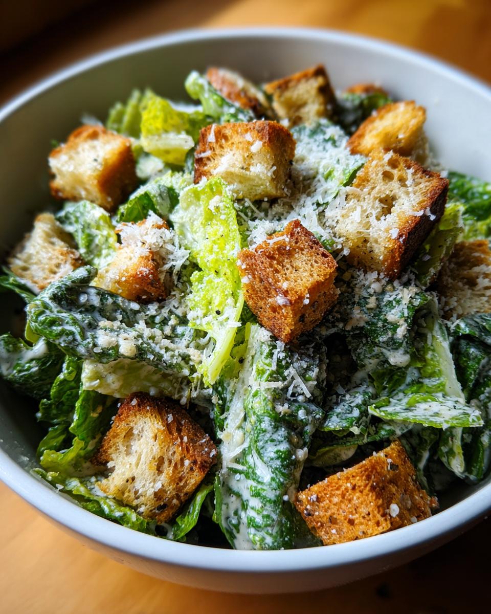 Close-up of a bowl of Spring Greens Caesar with homemade croutons and parmesan cheese.