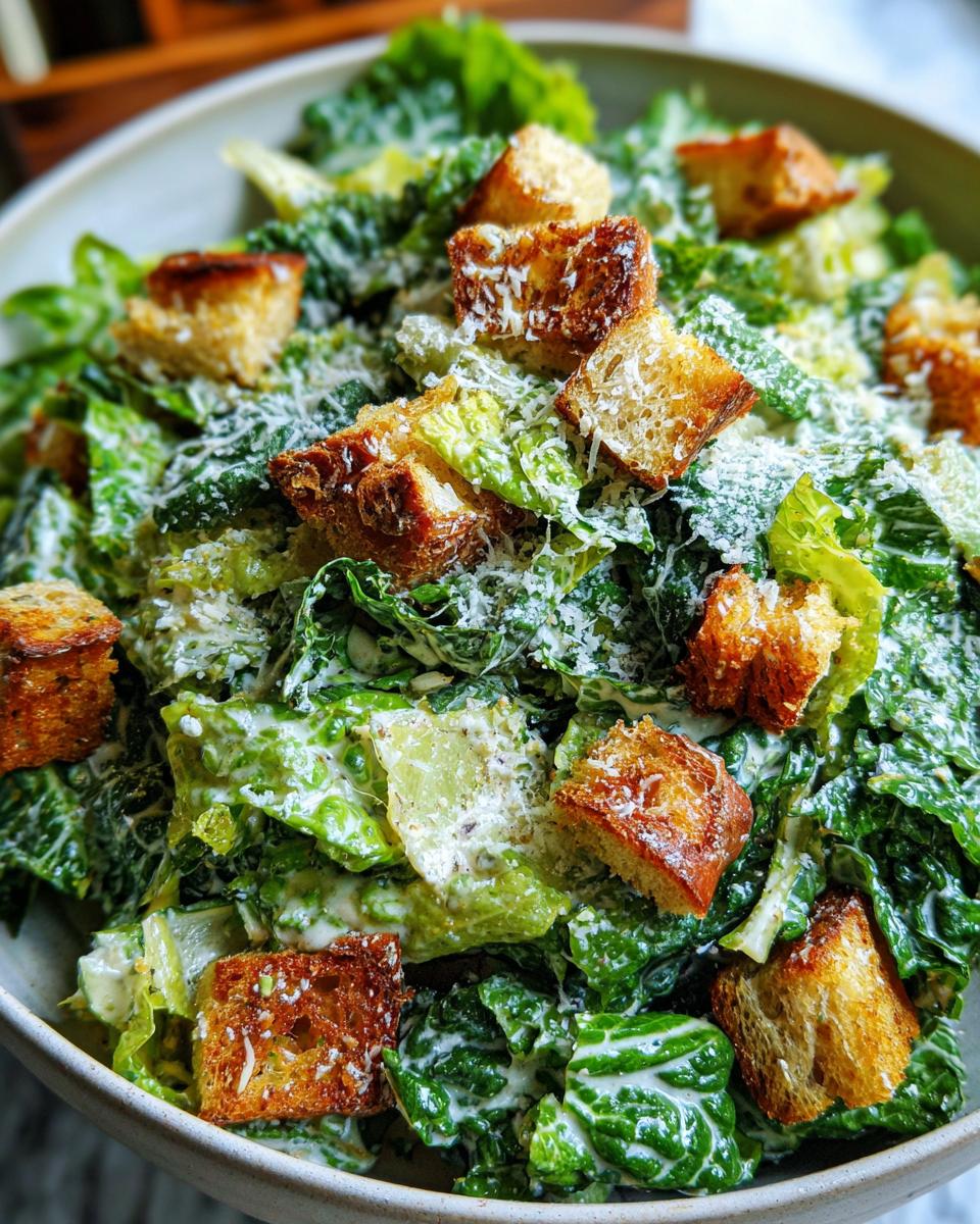 Close-up of a bowl of Spring Greens Caesar salad with homemade croutons and parmesan cheese.