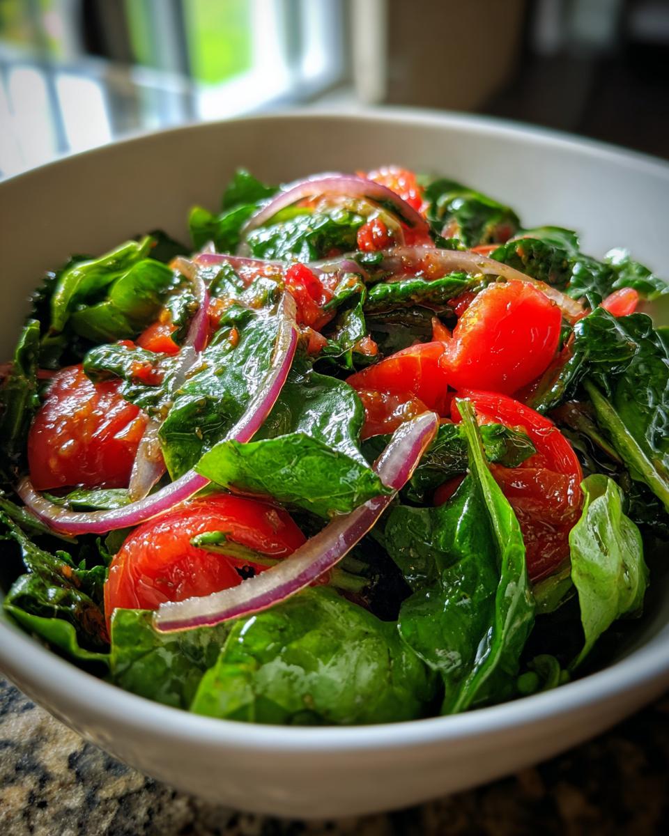 Close-up of a Spring Mix Salad with Balsamic Honey Dressing, tomatoes, and red onion.