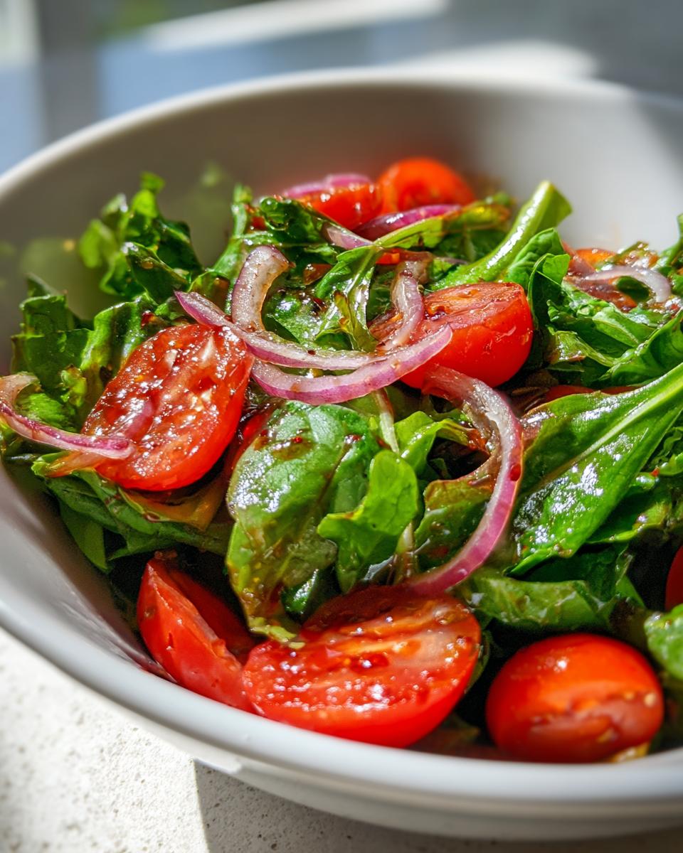 Close-up of a fresh Spring Mix Salad with Balsamic Honey Dressing, tomatoes, and red onion.