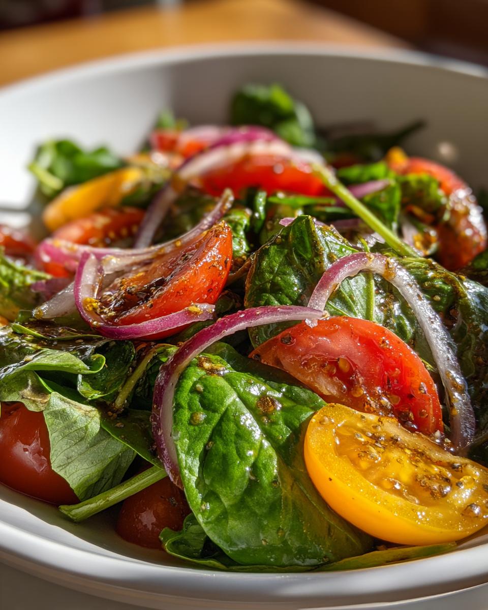 Close-up of a fresh Spring Mix Salad with Balsamic Honey Dressing, with tomatoes and red onion.