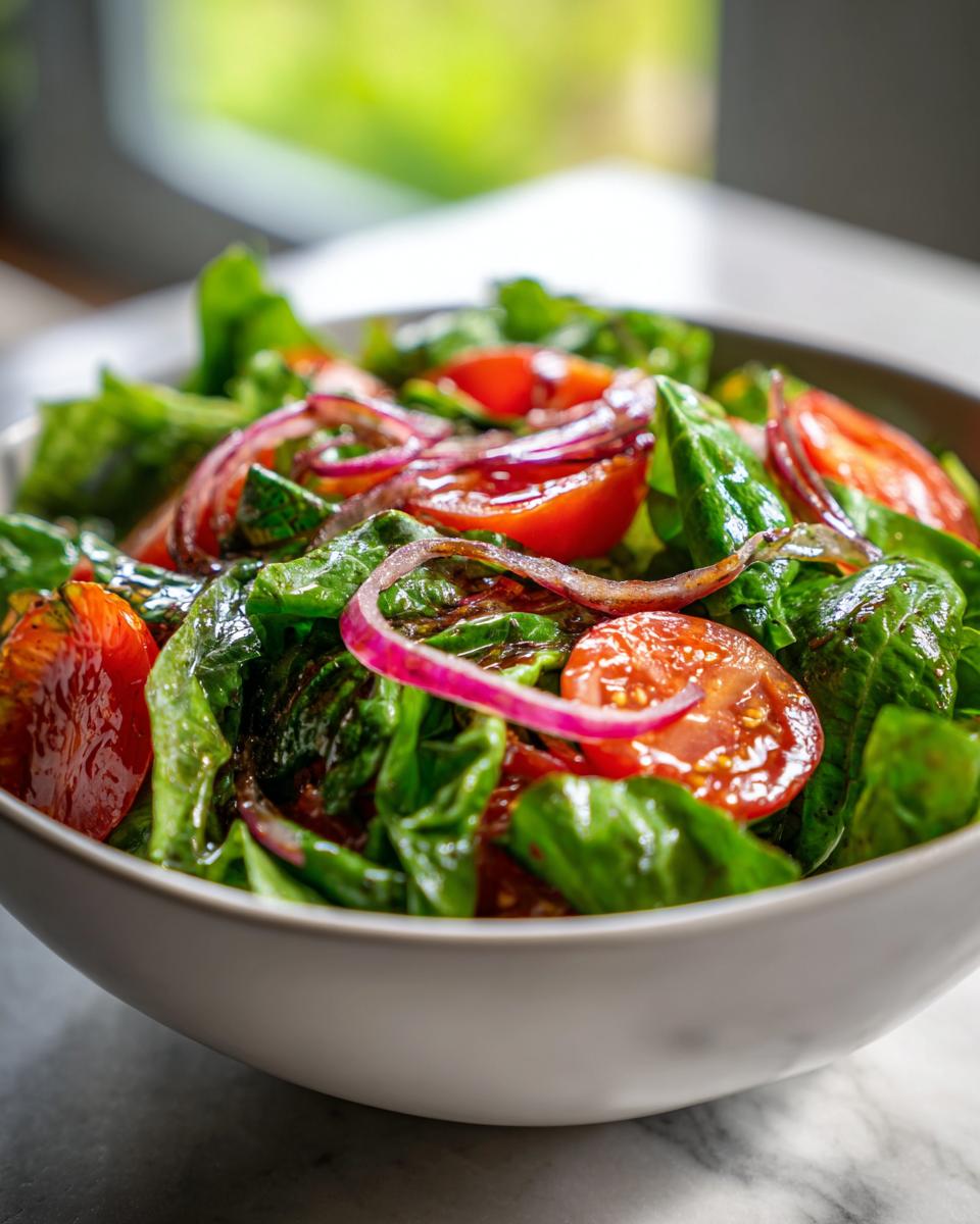 Close-up of a Spring Mix Salad with Balsamic Honey Dressing, tomatoes, and red onion.
