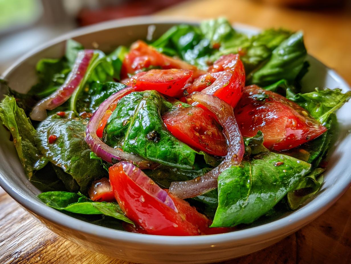 A vibrant Spring Mix Salad with Balsamic Honey Dressing, tomatoes, and red onion.