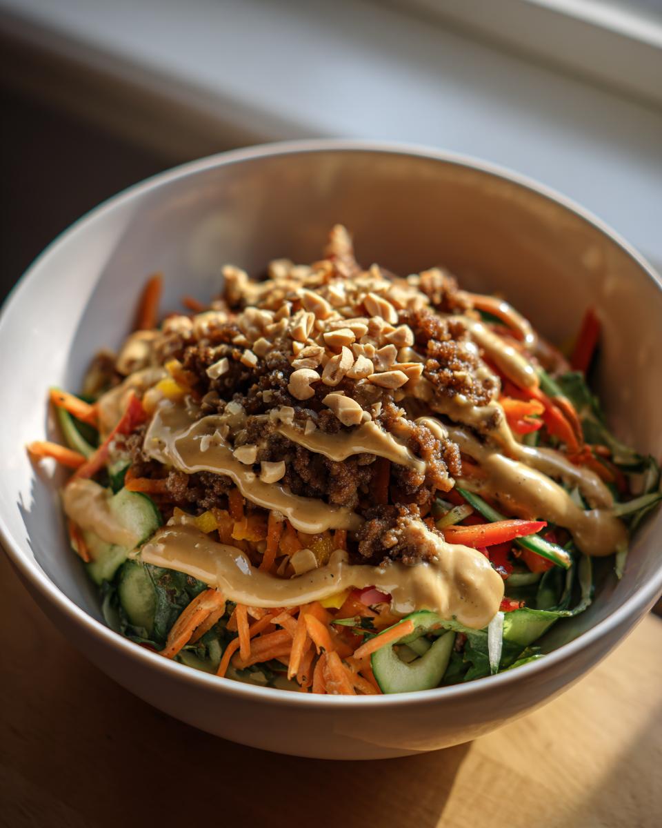 A colorful Spring Roll Bowl with Peanut Sauce, filled with vegetables and topped with peanuts.