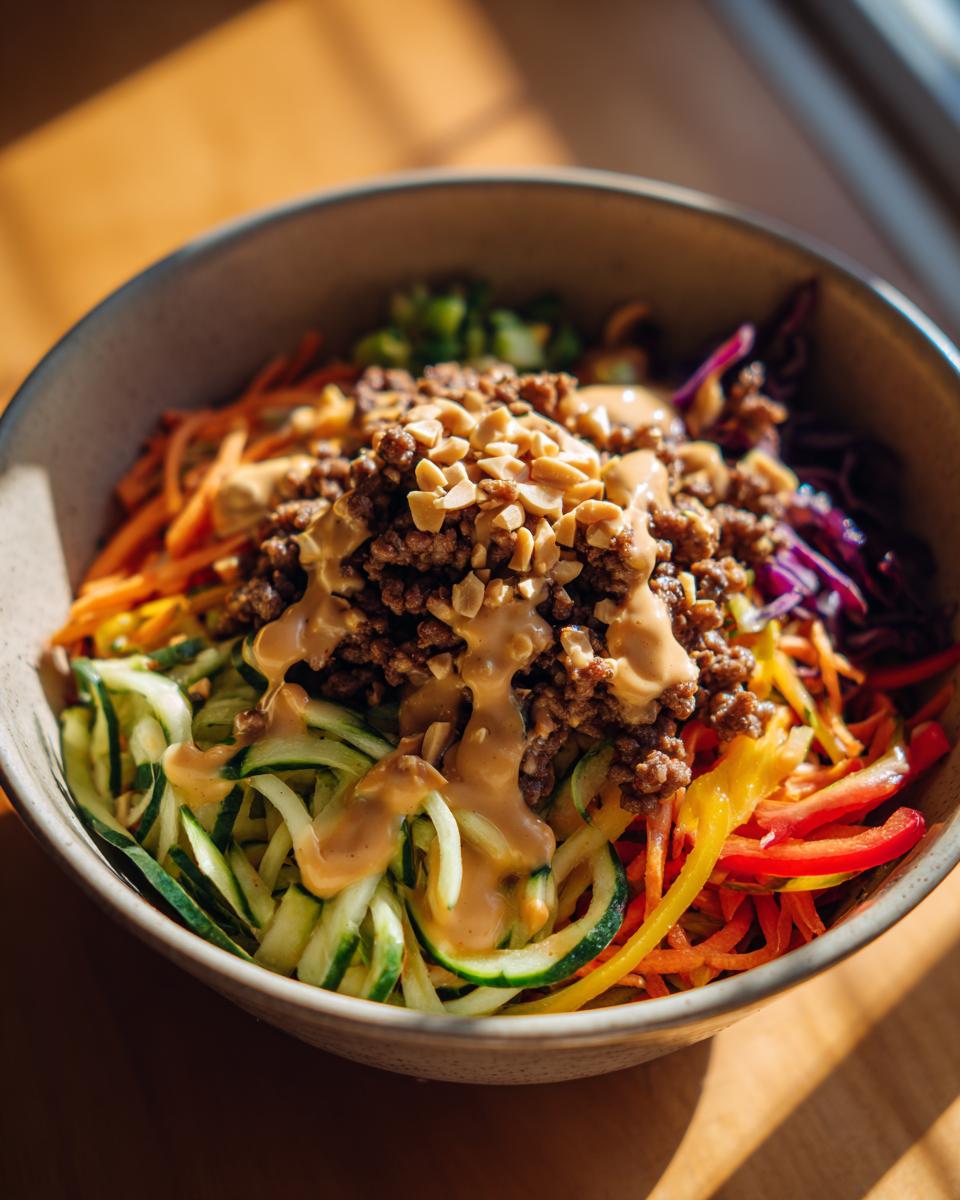 A colorful Spring Roll Bowl with Peanut Sauce featuring vegetables, ground meat, and peanuts.