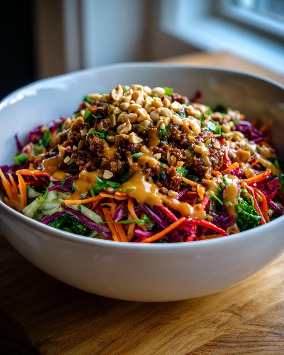 A colorful Spring Roll Bowl with Peanut Sauce, topped with peanuts and sauce.