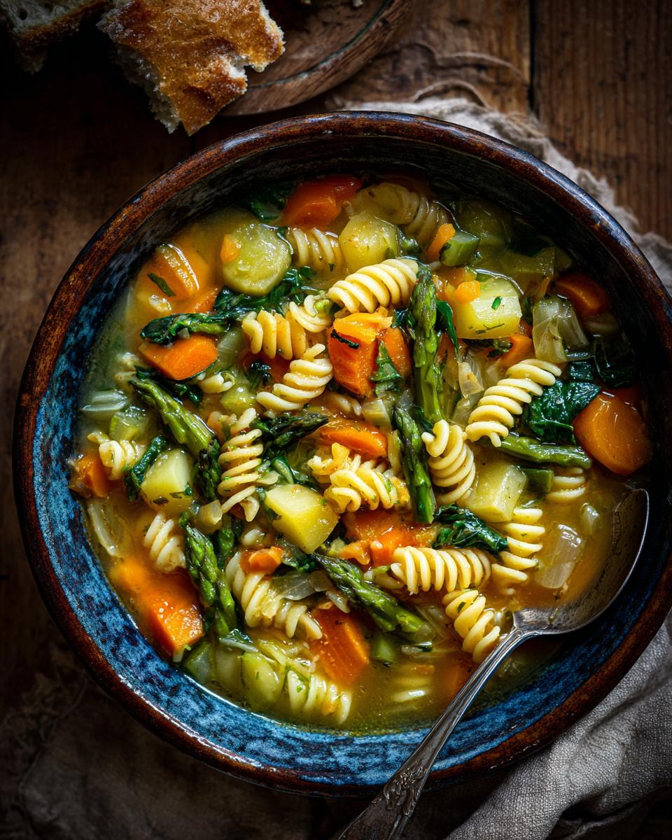 A bowl of Spring Vegetable Minestrone with pasta, vegetables, and a spoon.