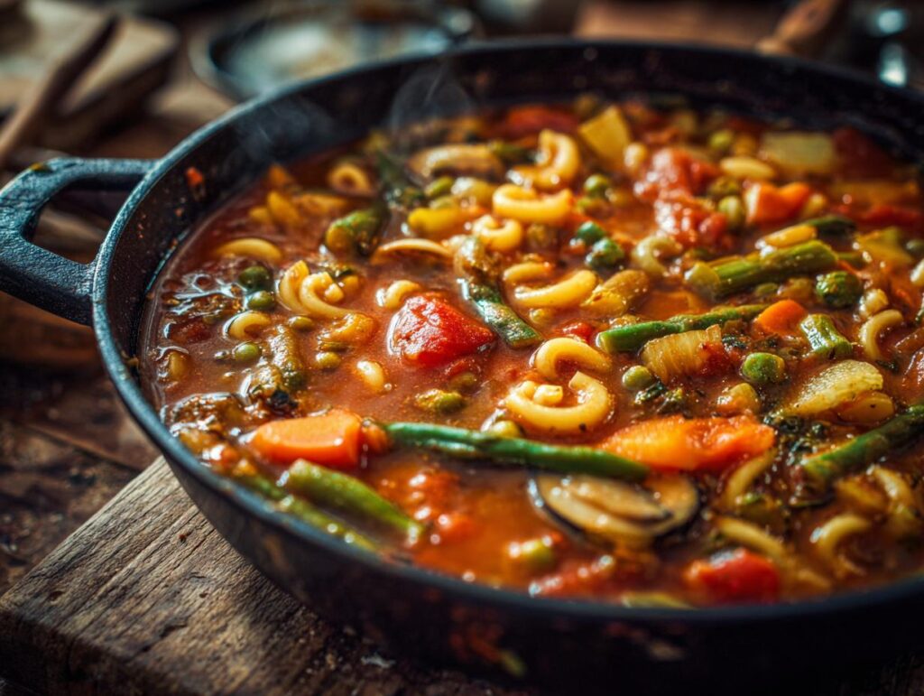 Close-up of a steaming bowl of Spring Vegetable Minestrone with pasta and fresh vegetables.
