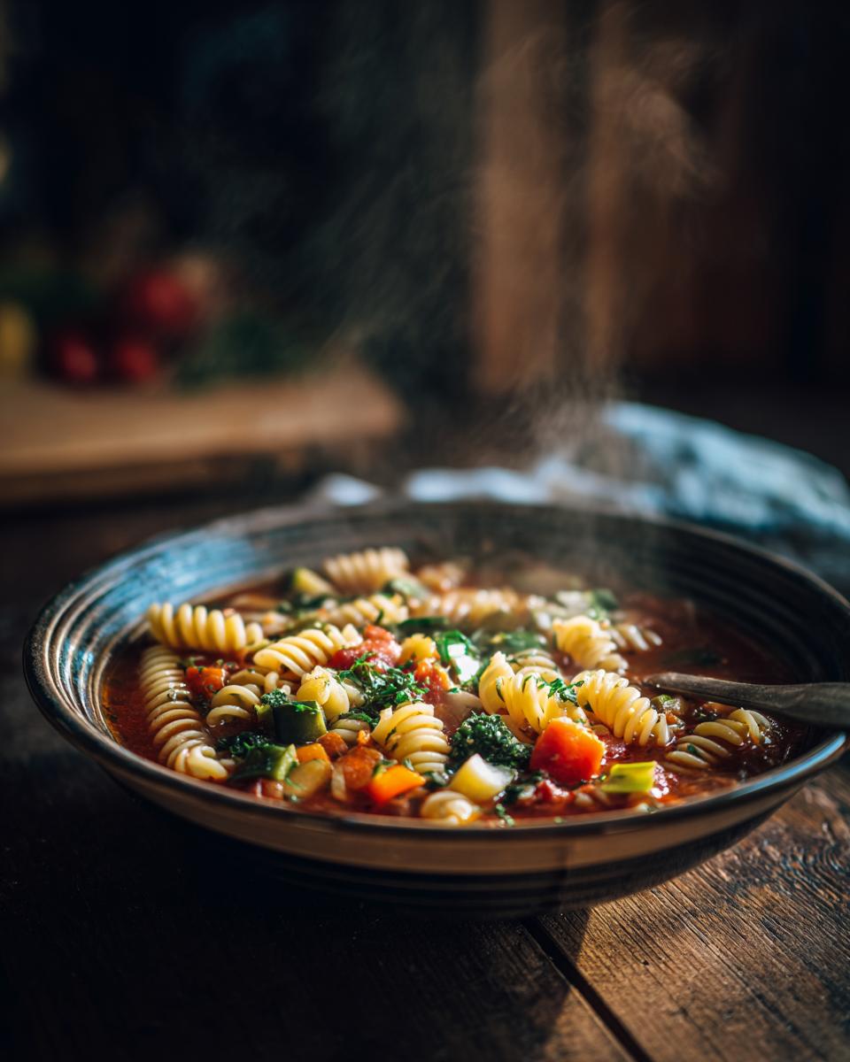 Close-up of a bowl of Spring Vegetable Minestrone with pasta and fresh vegetables.