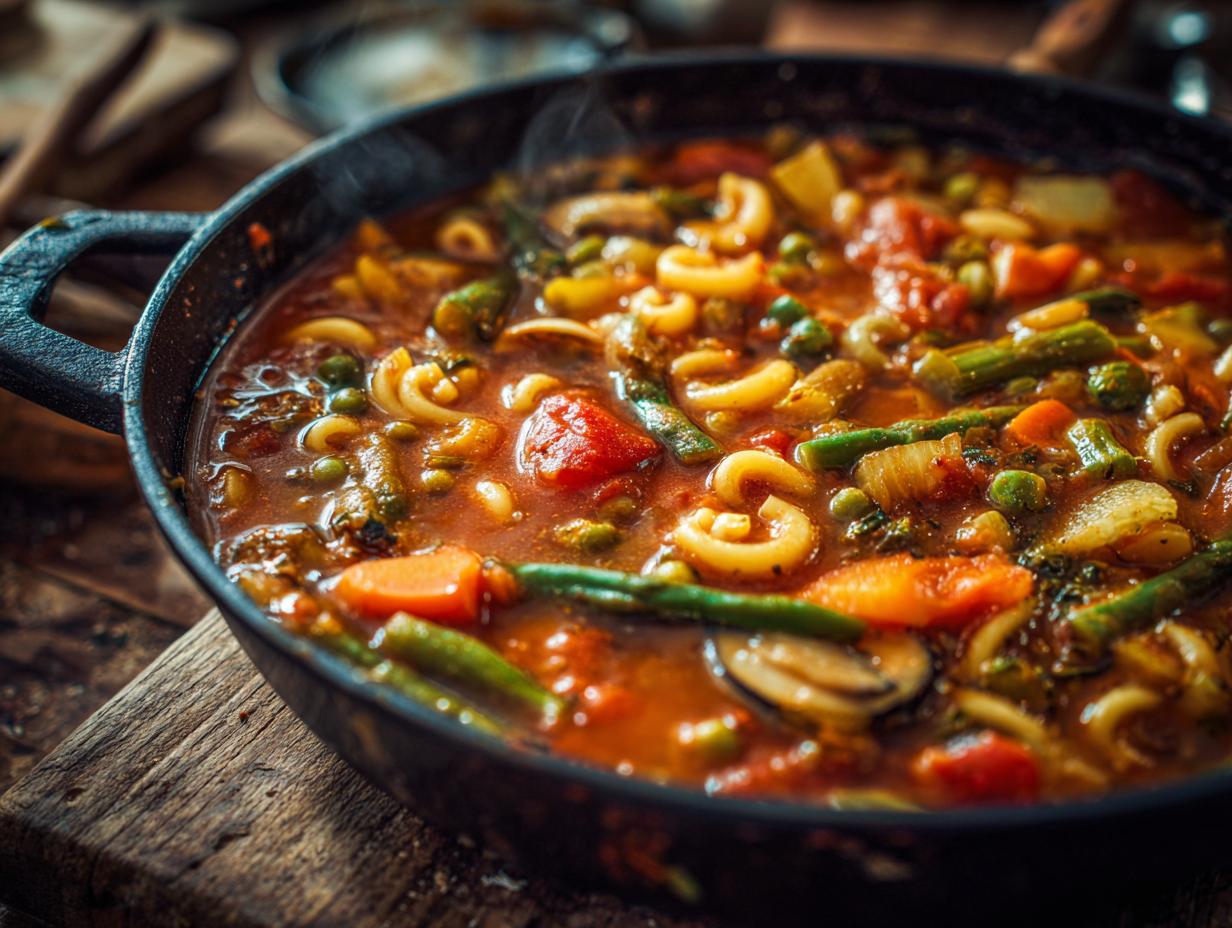 Close-up of a steaming bowl of Spring Vegetable Minestrone with pasta and fresh vegetables.