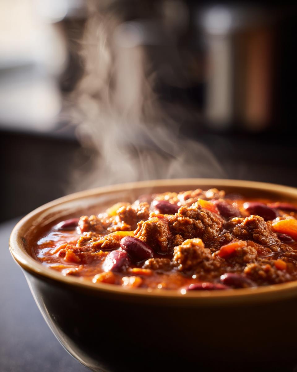 Close-up of a steaming bowl of chili, a delicious one-pot meal.