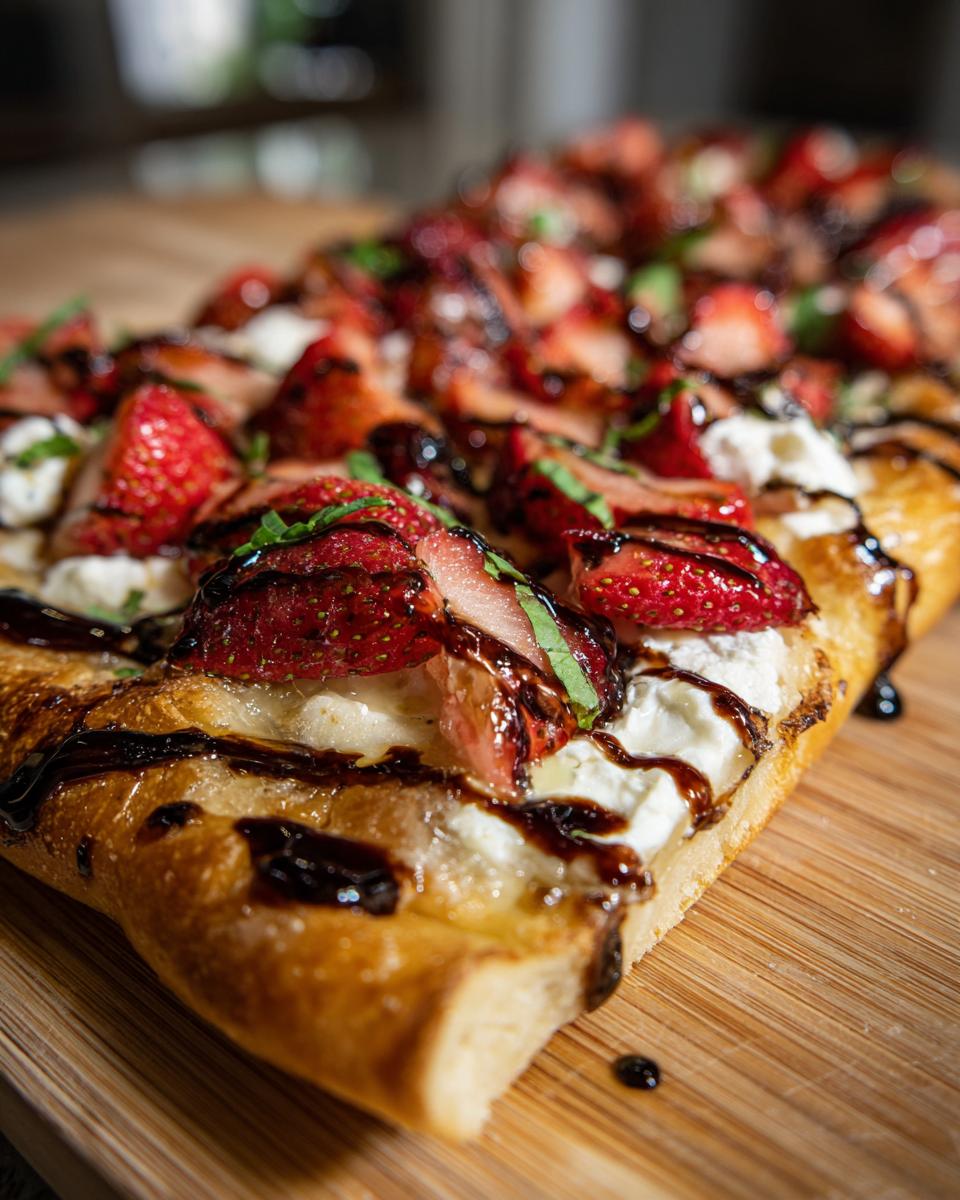 Close-up of a delicious Strawberry Balsamic Flatbread with fresh strawberries and balsamic glaze.