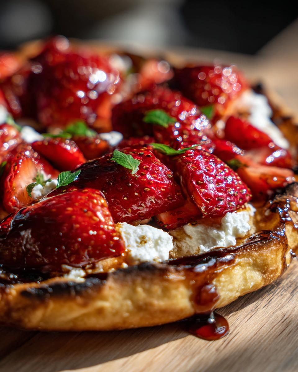 Close-up of a Strawberry Balsamic Flatbread with fresh strawberries, balsamic glaze, and cheese.