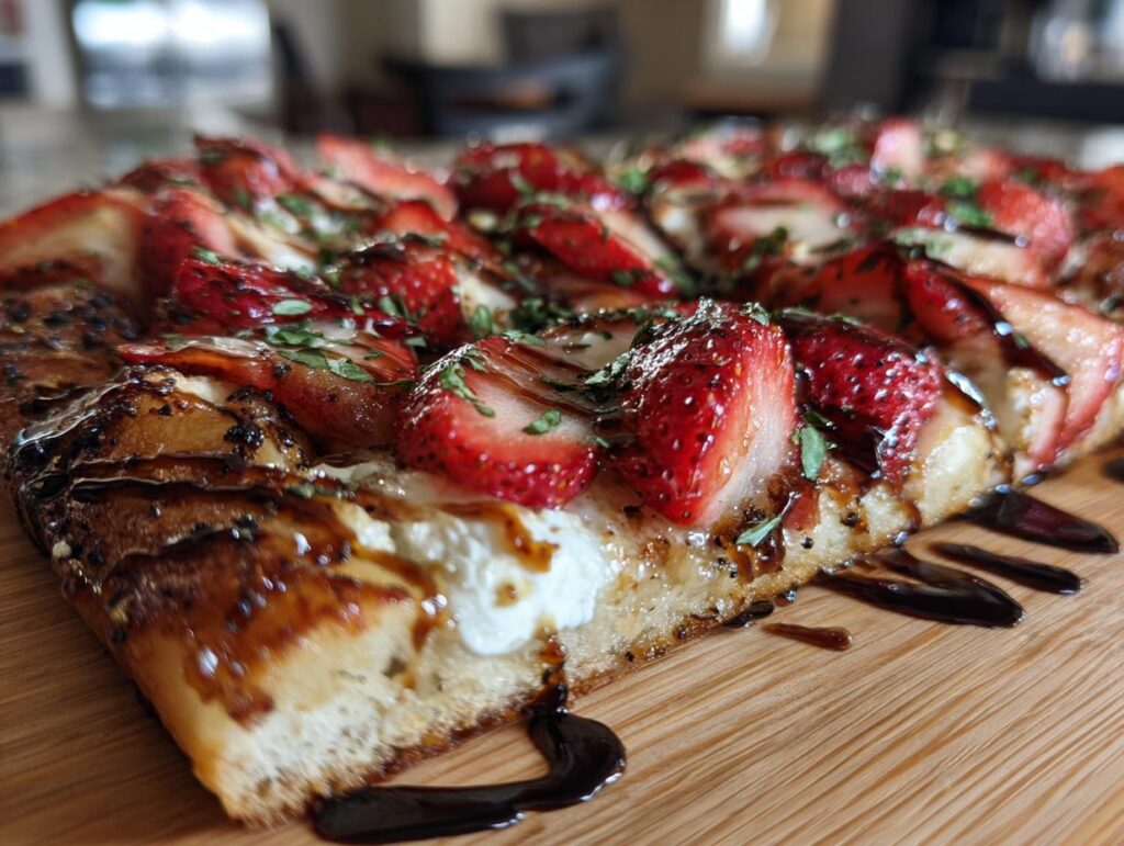 Close-up of a slice of Strawberry Balsamic Flatbread with fresh strawberries and balsamic glaze.