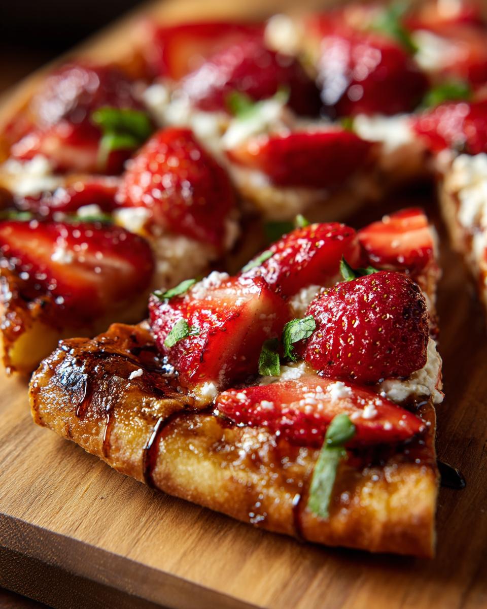 Close-up of a slice of Strawberry Balsamic Flatbread, topped with fresh strawberries and balsamic glaze.