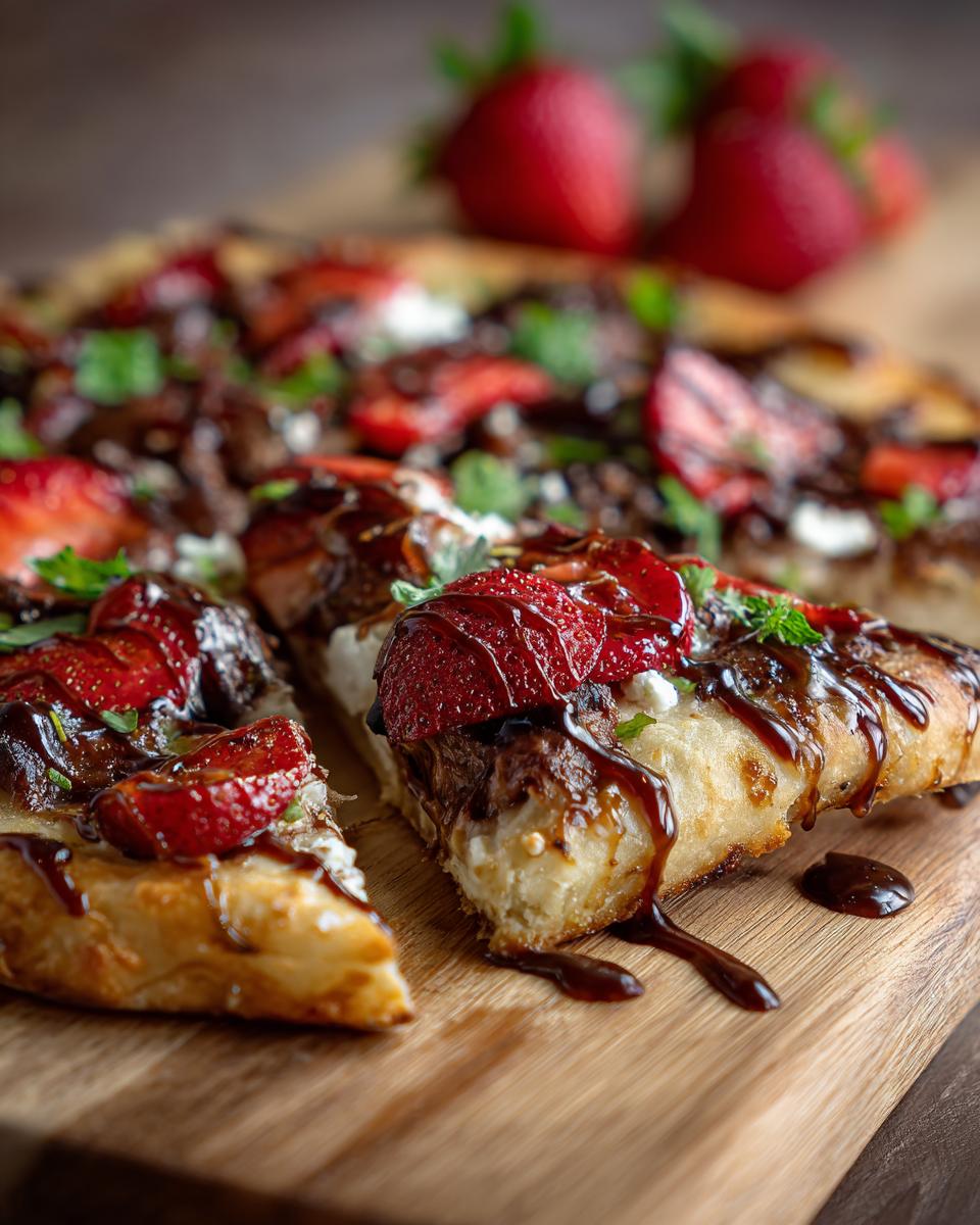 Close-up of a slice of Strawberry Balsamic Flatbread with fresh strawberries and balsamic glaze.