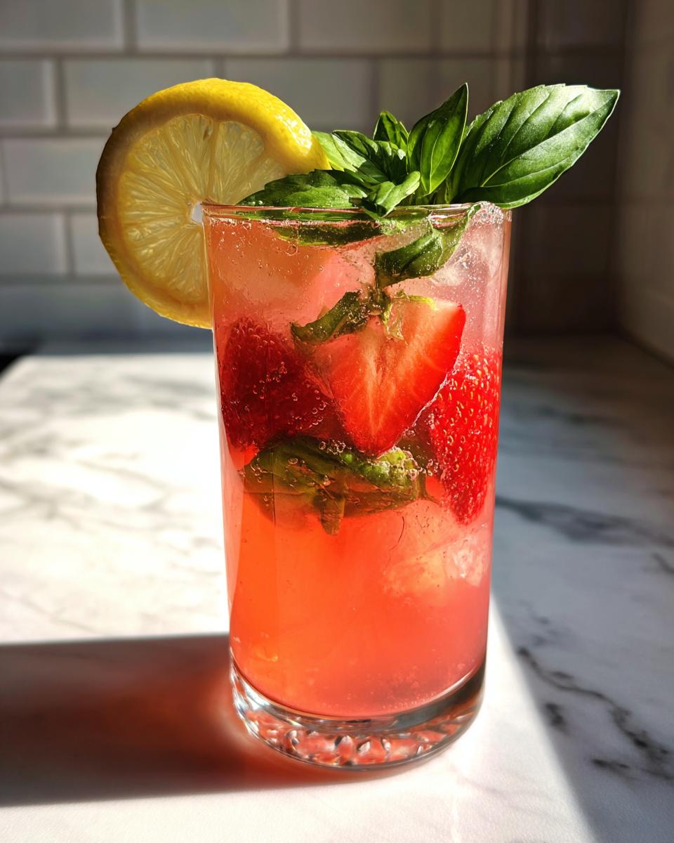 A tall glass of Strawberry Basil Lemonade with strawberries, basil, and a lemon wedge.