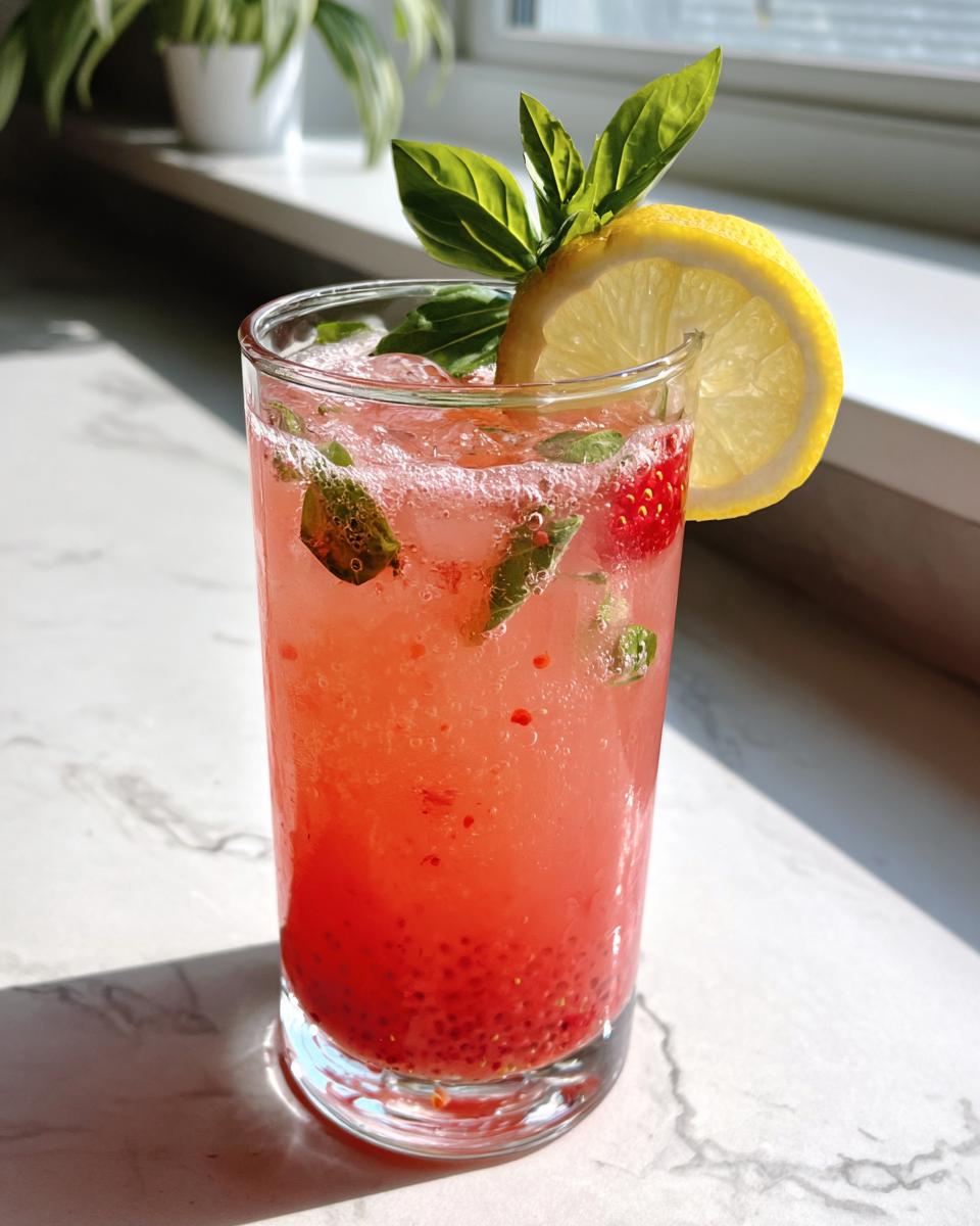 Glass of vibrant Strawberry Basil Lemonade with lemon slice and basil garnish, perfect for a refreshing drink.