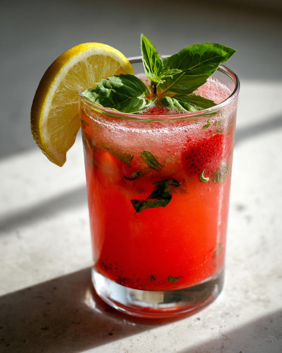 A glass of vibrant Strawberry Basil Lemonade garnished with lemon and basil.