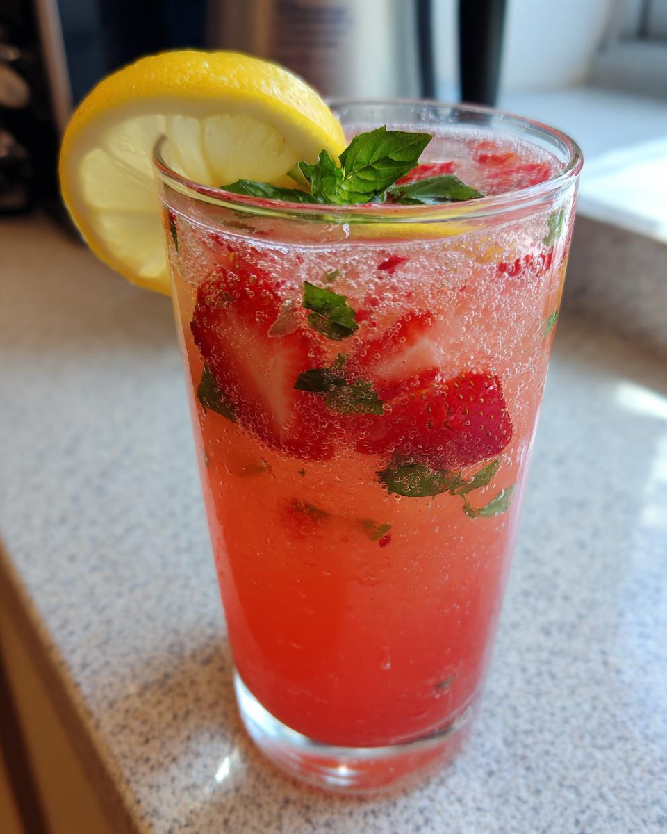 A tall glass of Strawberry Basil Lemonade garnished with a lemon slice and basil leaves.
