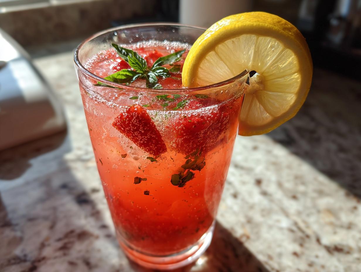 Close-up of a glass of Strawberry Basil Lemonade with strawberries, basil, and a lemon slice.