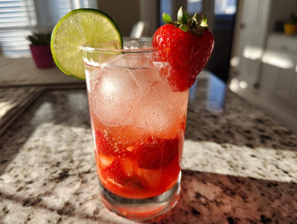 A vibrant Strawberry Lime Vodka Smash cocktail with fresh strawberries, lime, and ice.