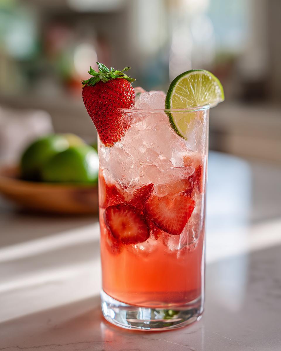 Close-up of a Strawberry Lime Vodka Smash cocktail with fresh strawberries and lime.