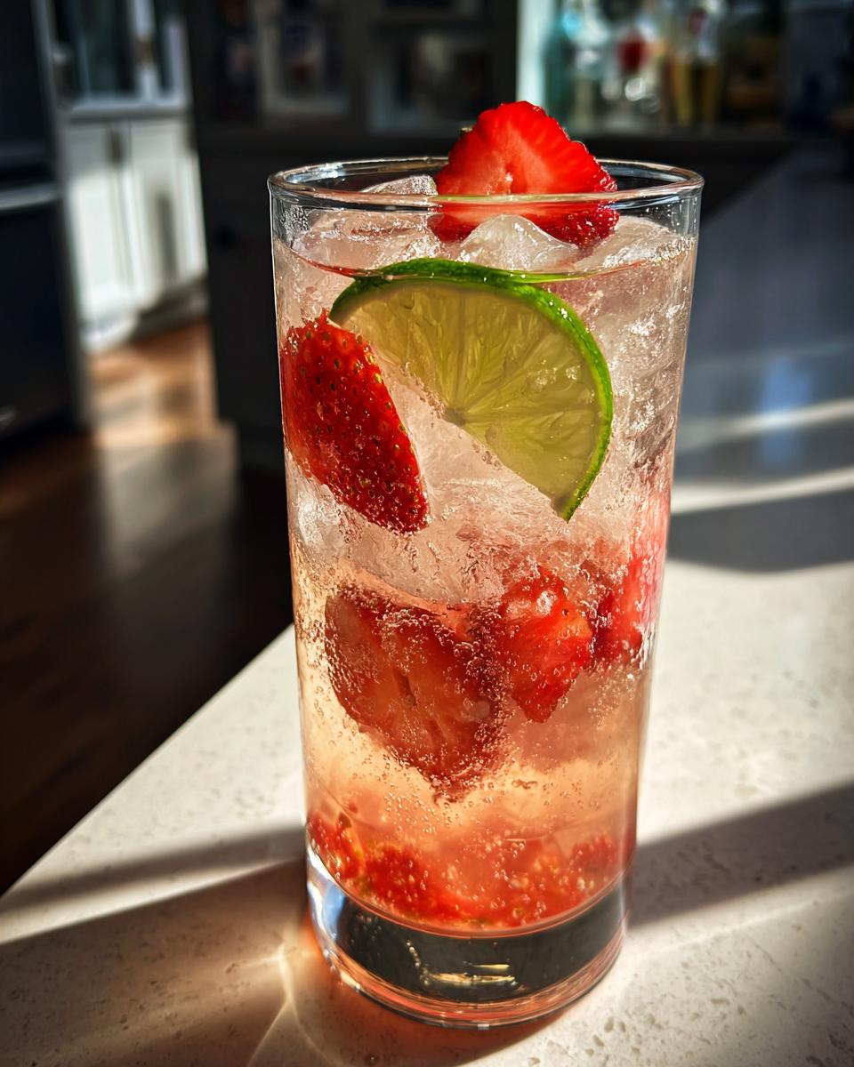 Close-up of a Strawberry Lime Vodka Smash cocktail with strawberries, lime, and ice.