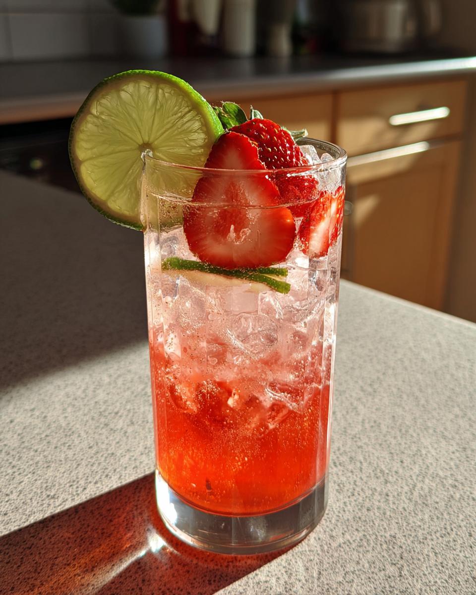 A vibrant Strawberry Lime Vodka Smash cocktail with fresh strawberries and lime.