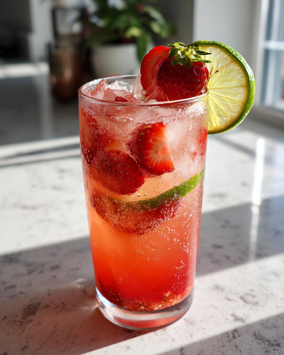 A vibrant Strawberry Lime Vodka Smash cocktail with fresh strawberries and lime.