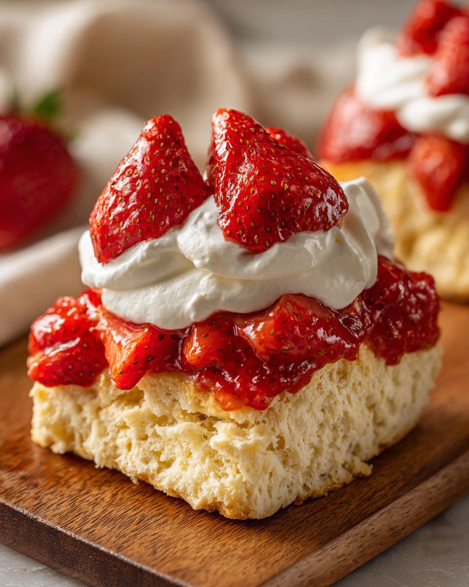 Close-up of a delicious Strawberry Shortcake with fresh strawberries and whipped cream on a wooden board.