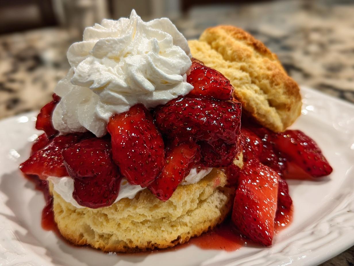 A close-up of a delicious Strawberry Shortcake with fresh strawberries, whipped cream, and a biscuit.