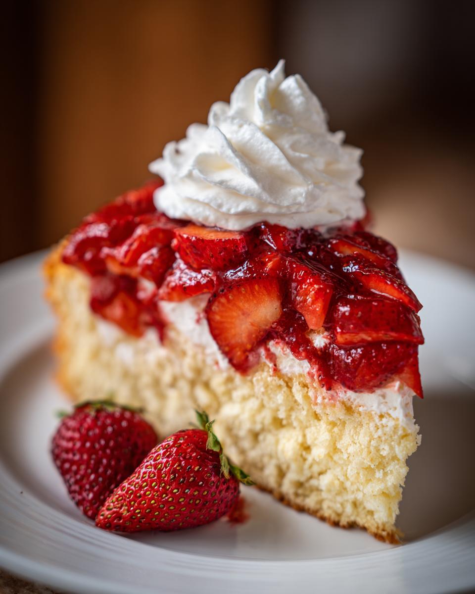 A slice of fresh Strawberry Shortcake with whipped cream and strawberries on a white plate.