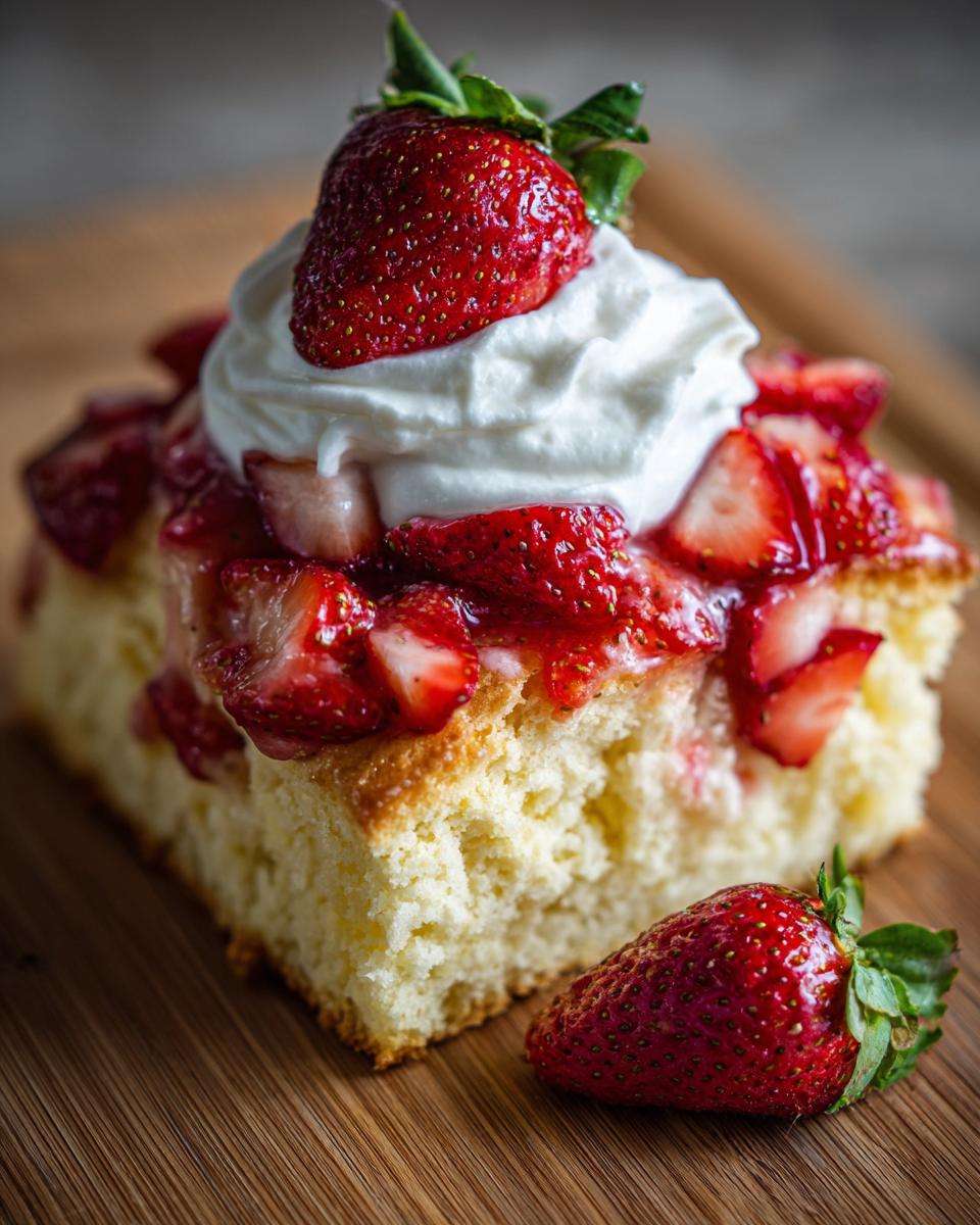 Close-up of a slice of strawberry shortcake with whipped cream and fresh strawberries. The primary keyword is strawberry shortcake.