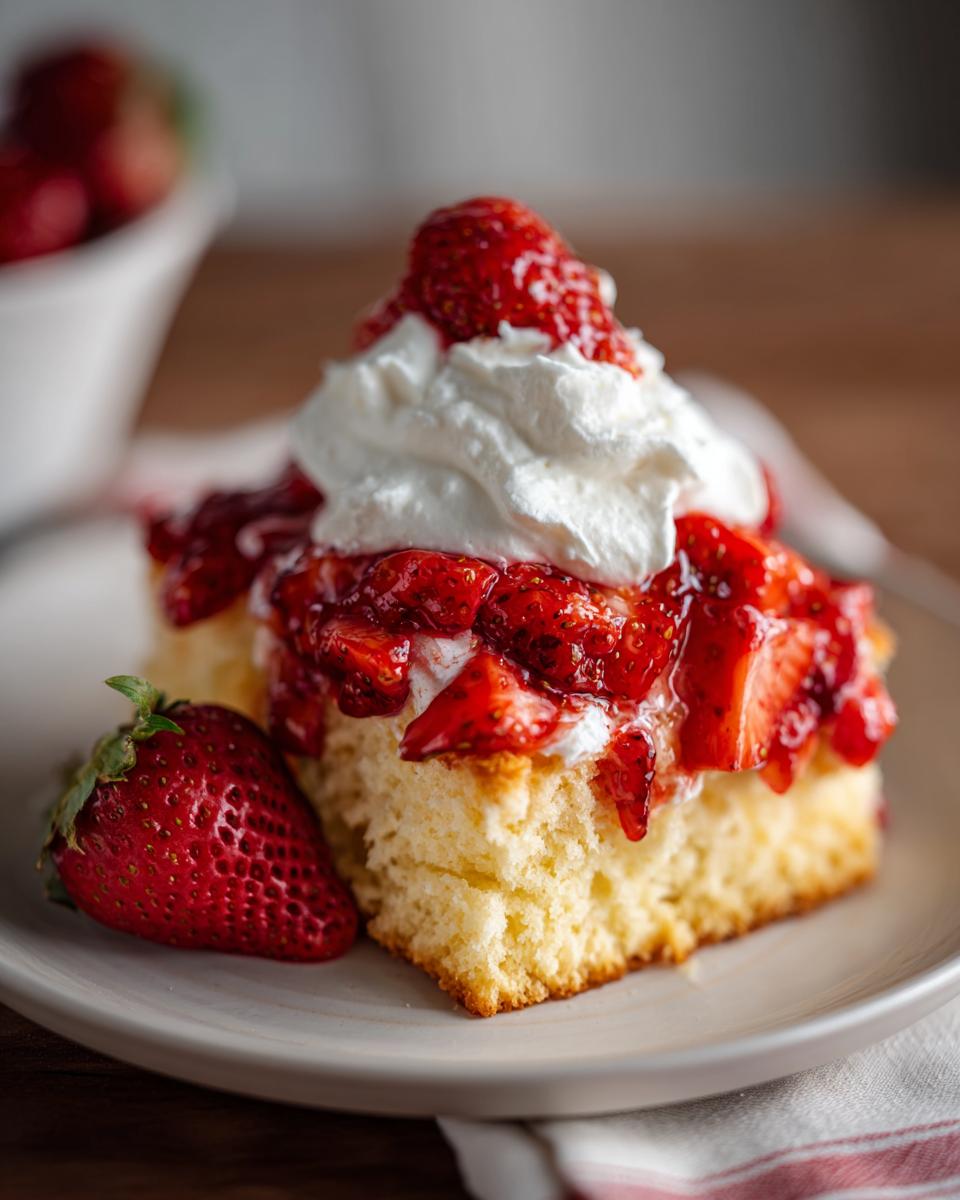 Close-up of a slice of Strawberry Shortcake with whipped cream and fresh strawberries.