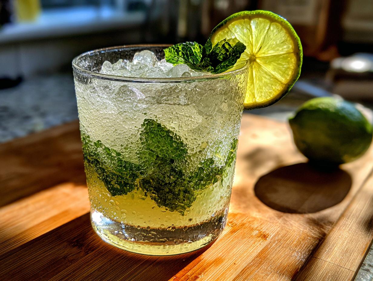 Close-up of a refreshing cocktail with mint and lime, perfect for 33 Easy Summer Cocktails.