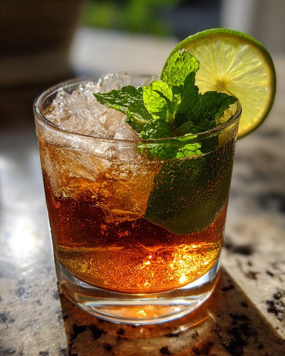 Close-up of a refreshing summer cocktail with ice, mint, and a lime slice. Perfect for 33 Easy Summer Cocktails.