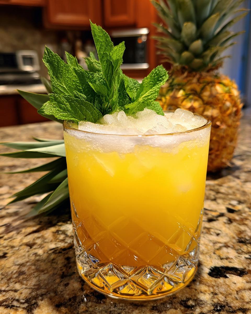 Close-up of a refreshing Summer Cocktails with mint garnish, ice, and pineapple.