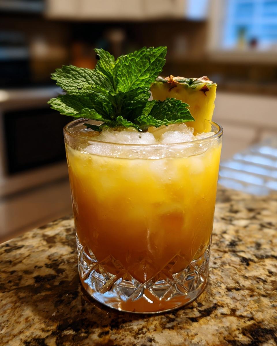 Close-up of a summer cocktail with pineapple, mint, and ice, perfect for making at home.