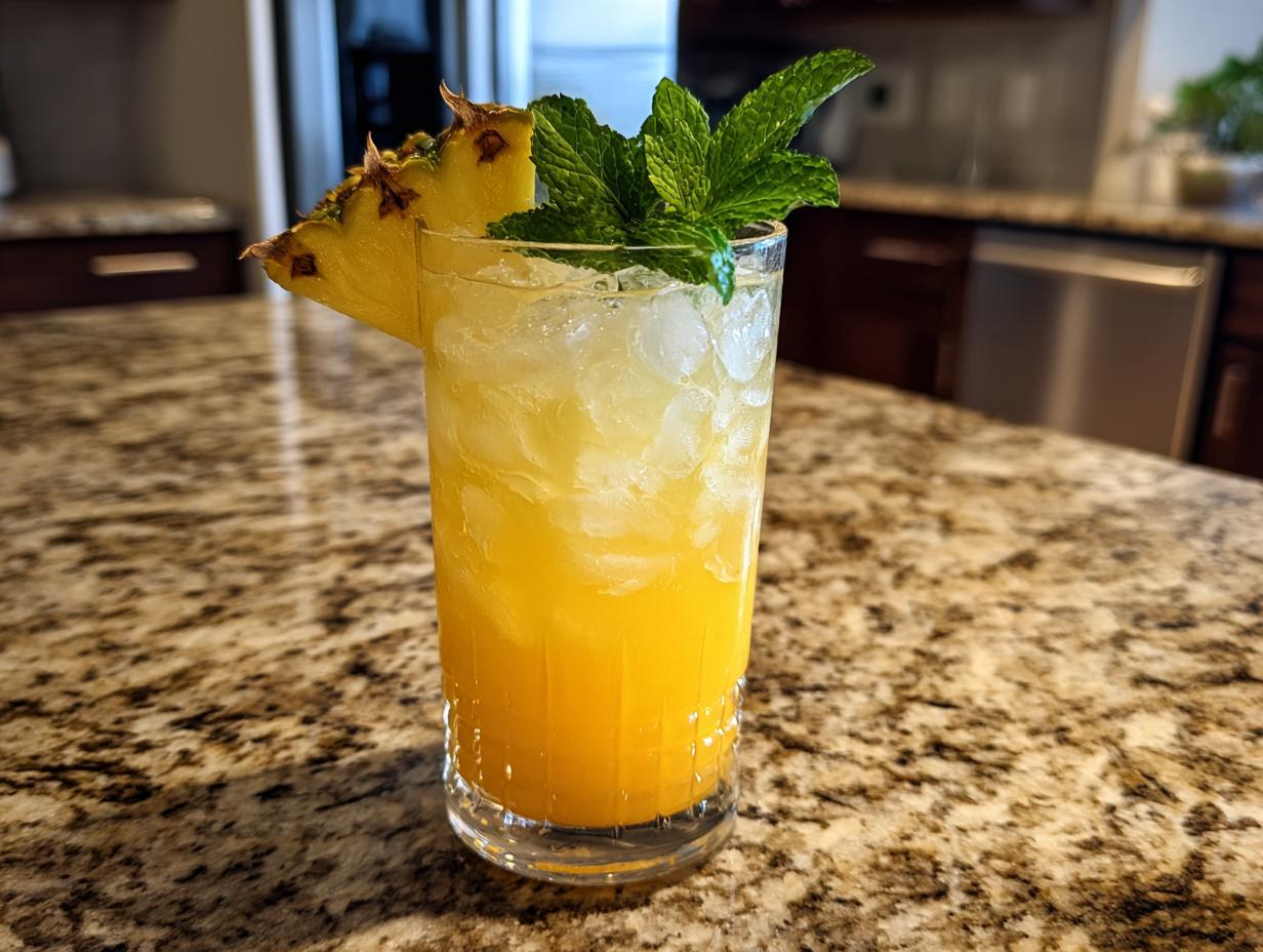 Tall glass of a refreshing summer cocktail, garnished with pineapple and mint; perfect for Summer Cocktails That Anyone Can Mix Up at Home.