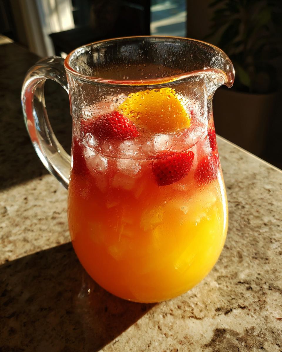 A pitcher of a vibrant summer cocktail with ice, strawberries, and a lemon slice, perfect for 18 Big Batch Cocktails.