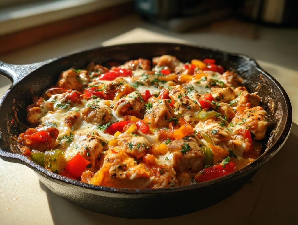 Chicken and bell peppers cooked in a skillet, perfect for quick Summer Dinners in 30 Minutes.