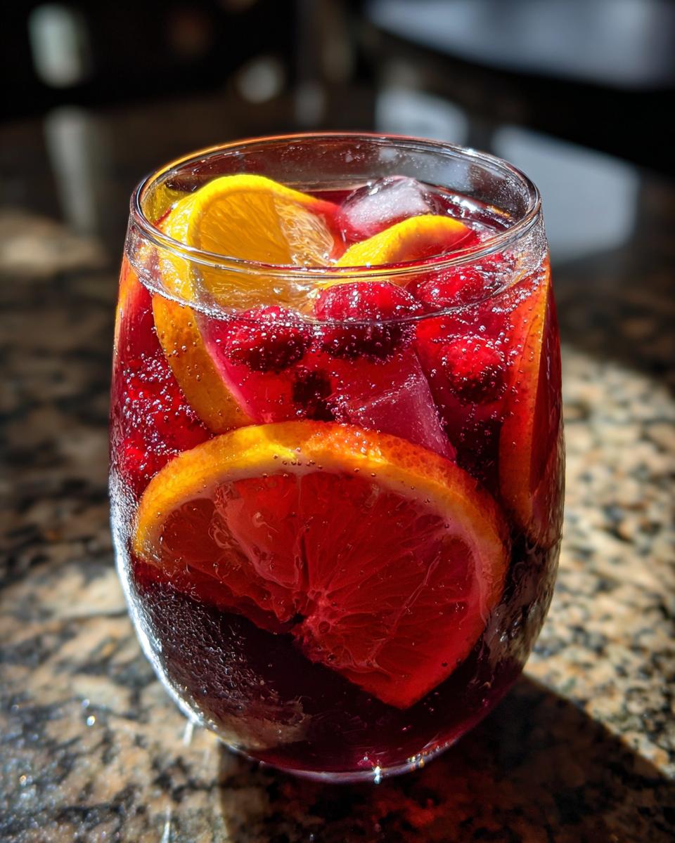 Close-up of a glass of summer sangria with orange slices, berries, and ice; a refreshing summer drink. The image is for 27 Best Summer Sangria Recipes.
