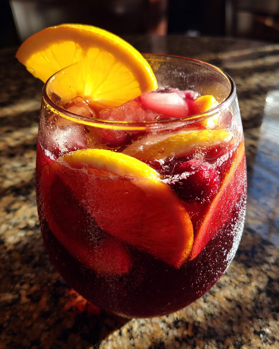Close-up of a glass of Summer Sangria with orange slices and ice.