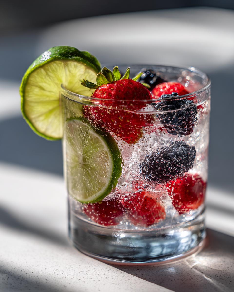 Close-up of a summer vodka cocktail with strawberries, blackberries, and lime, perfect for summer.