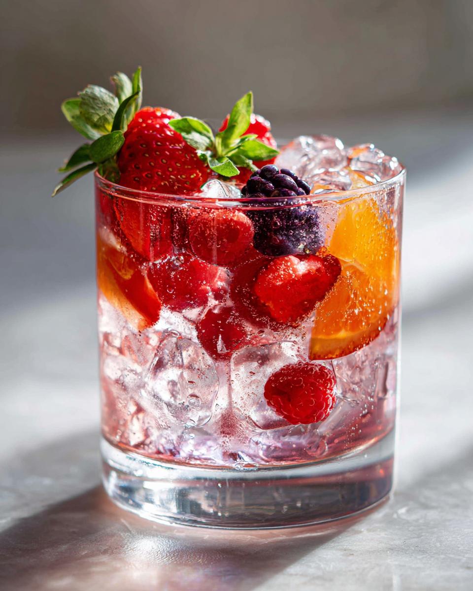 Close-up of a summer vodka cocktail with fresh strawberries, raspberries, blackberries, and orange slices.