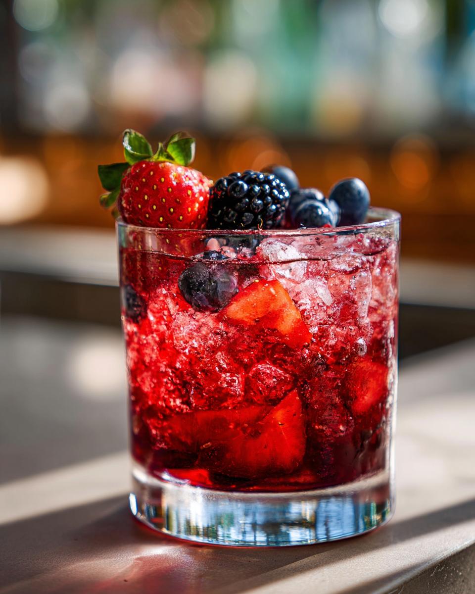 Close-up of a vibrant summer vodka cocktail with strawberries, blackberries, and blueberries.